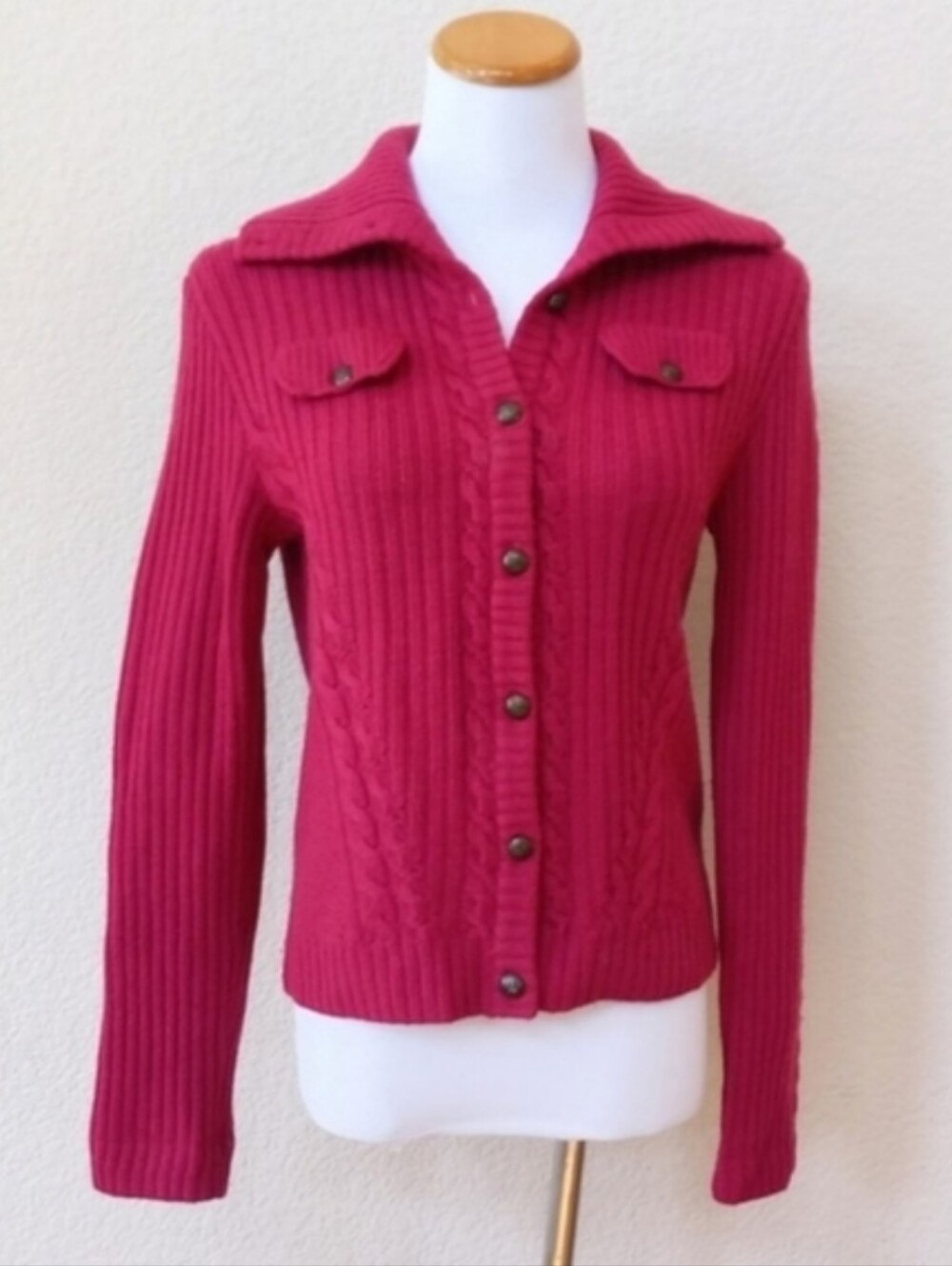 Talbots fuchsia 100% wool ribbed military style cardigan sweater